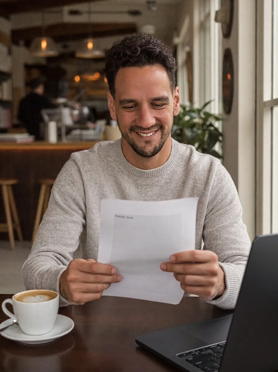 Paul van Braam leest een document in een koffiezaak