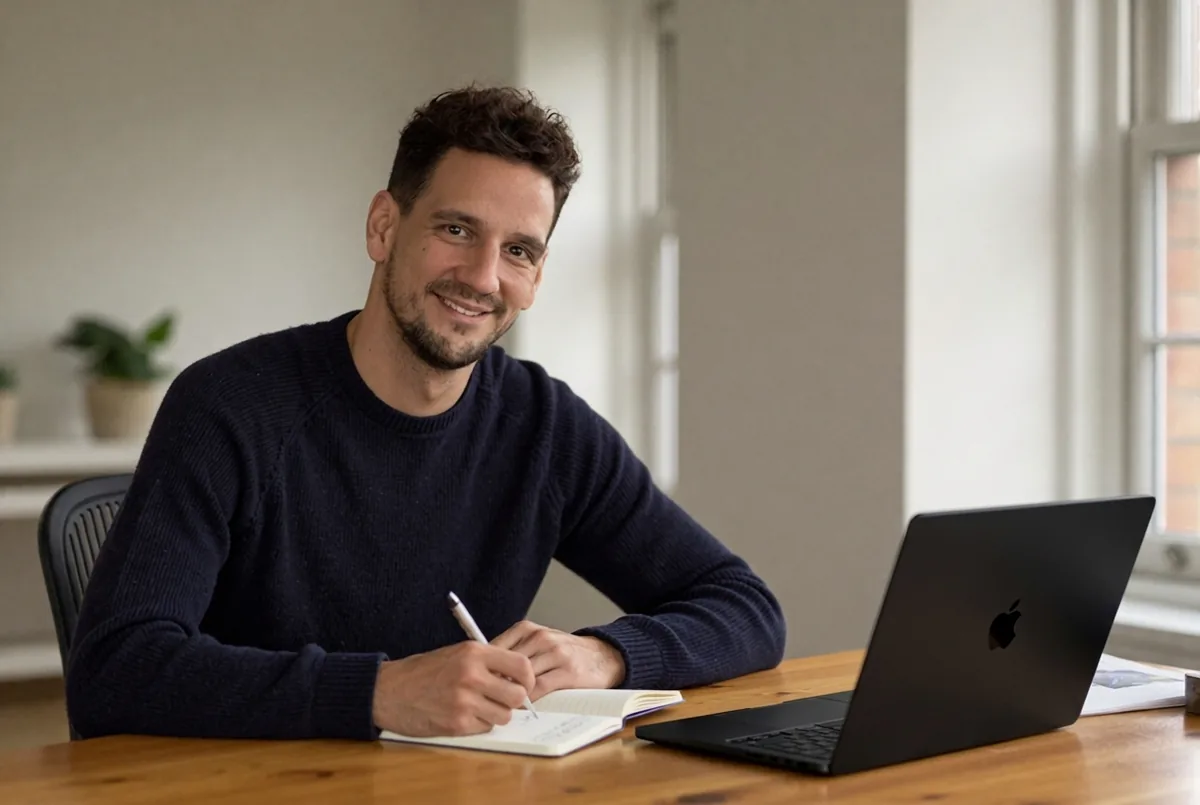 Paul van Braam aan een houten tafel met een notitieboek en een laptop