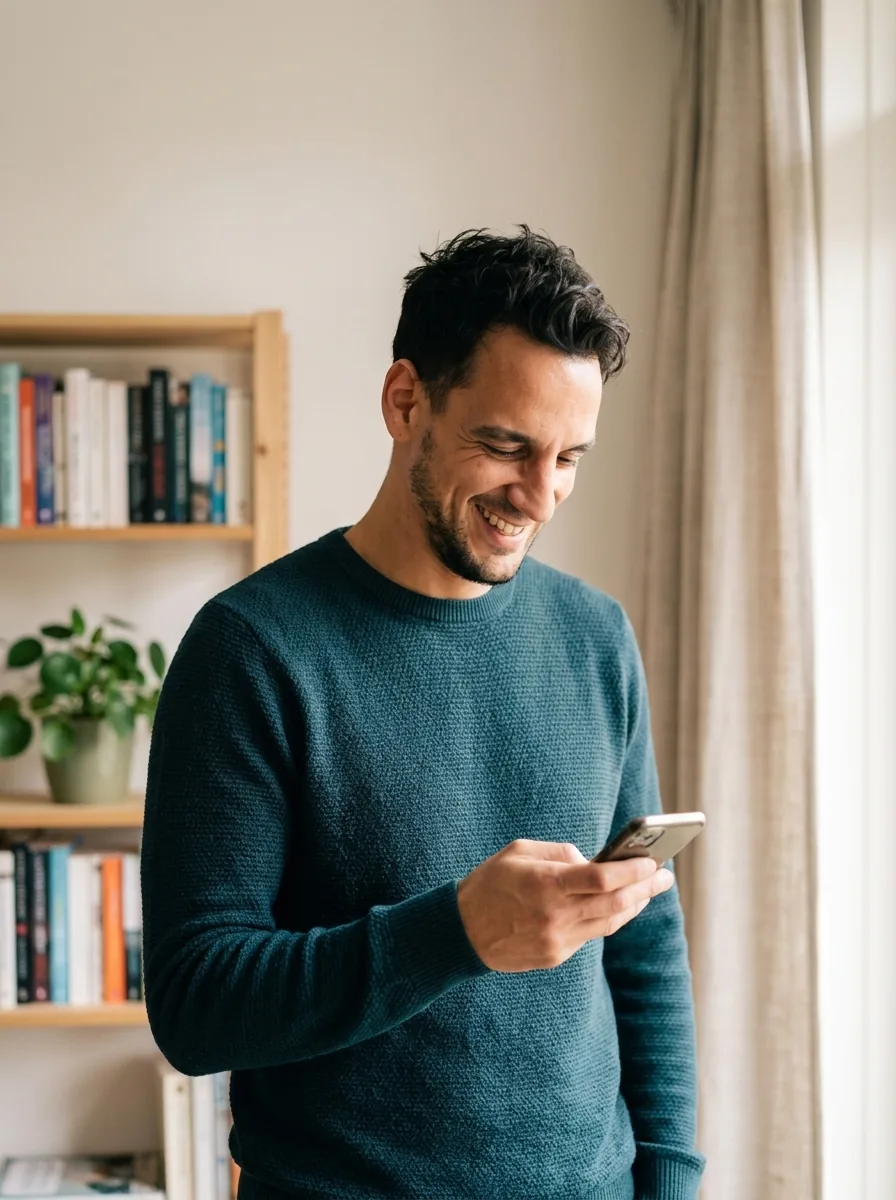 Paul van Braam kijkt lachend op zijn telefoon in een woonkamer