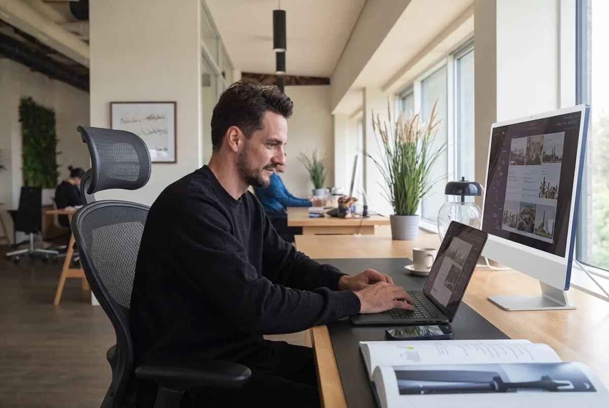 Paul van Braam aan een bureau in een lichte kantoorruimte met collega's